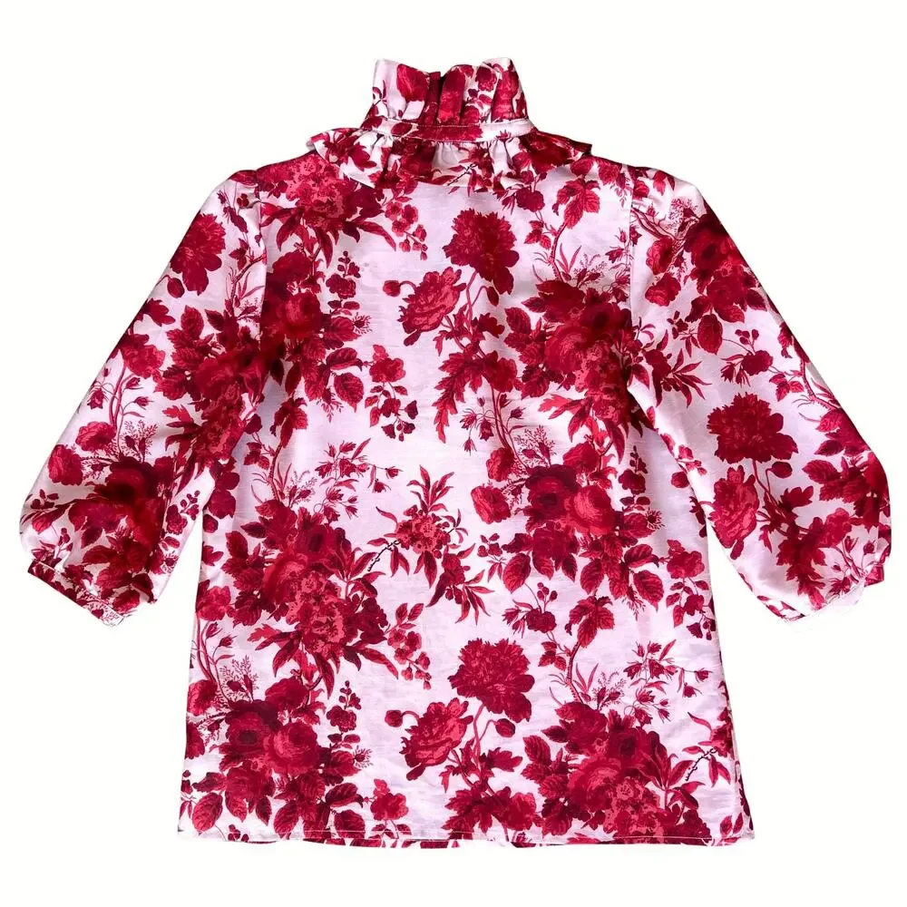 Tuckernuck Zinnia‎ Bloom Bouvier Blouse | Size XXS | Red Floral Ruffle Neck
